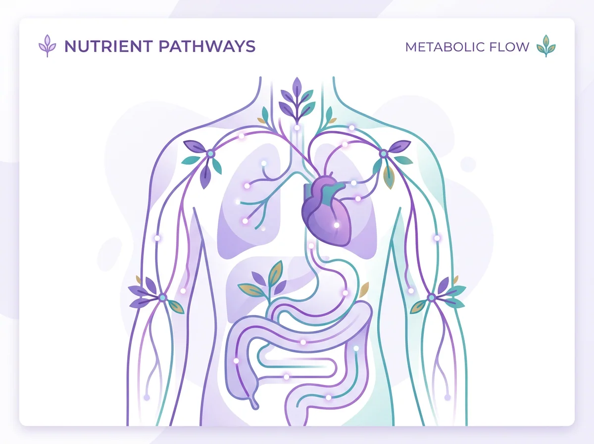 Clean flat illustration of nutrient pathways - abstract colourful lines and dots on white background