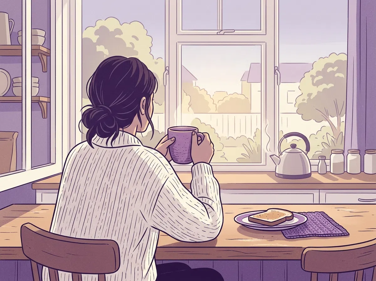 Person sitting at a bright kitchen window in the morning with a warm mug, seen from behind
