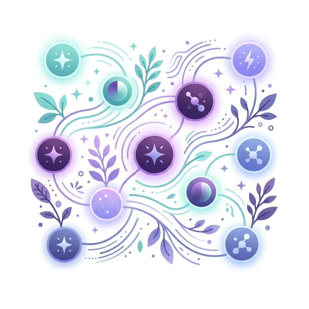 Abstract illustration of energy metabolism: glowing circular icons with botanical leaf motifs, teal and violet on white